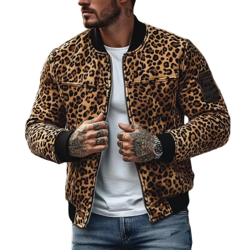 Men's Vintage Leopard Print Colorblock Zip-Up Bomber Jacket 54557116Y sold by Manly