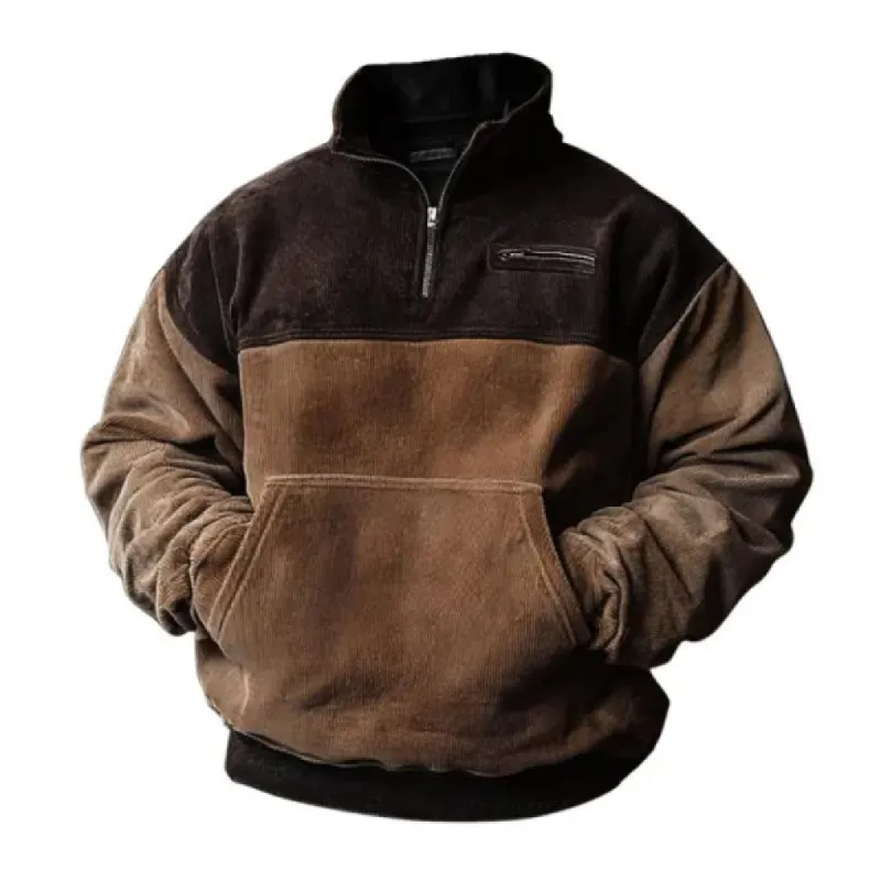 Men's Vintage Corduroy Colorblock Zipper Stand Collar Loose Pullover Sweatshirt 99953050M sold by Manly