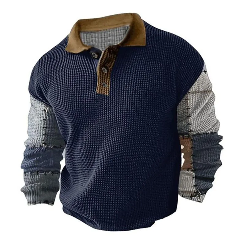 Men's Vintage Colorblock Lapel Loose Long Sleeve Polo Shirt 37691723M sold by Manly