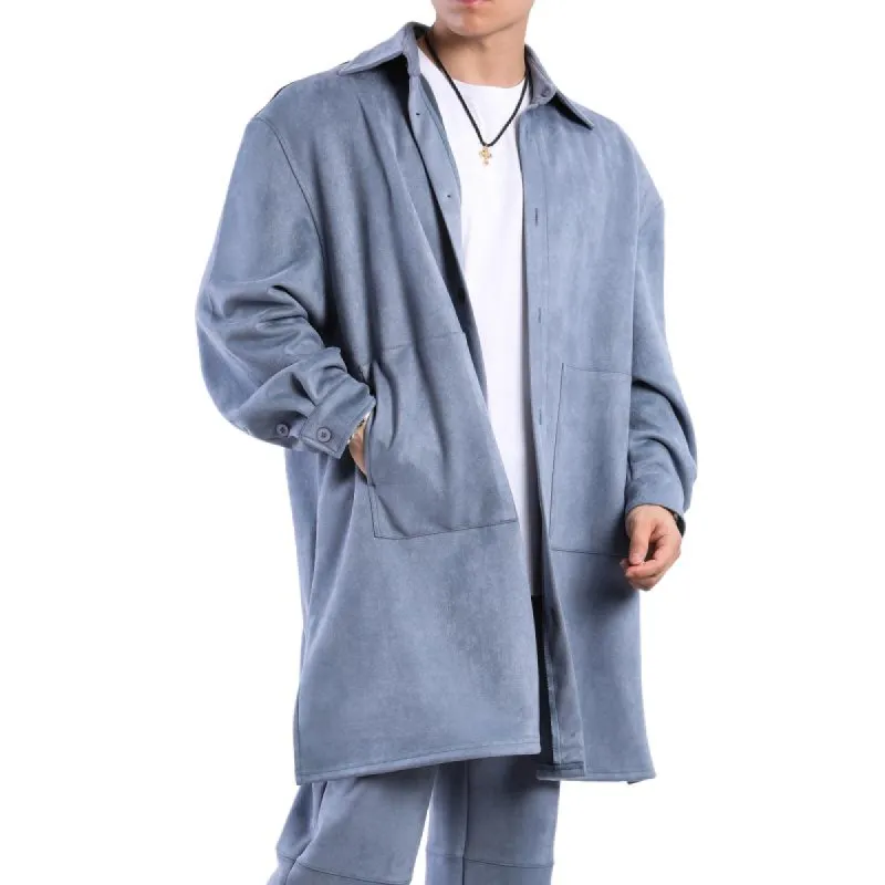 Men's Solid Color Suede Lapel Single Breasted Mid-length Coat 77928765Z sold by Manly