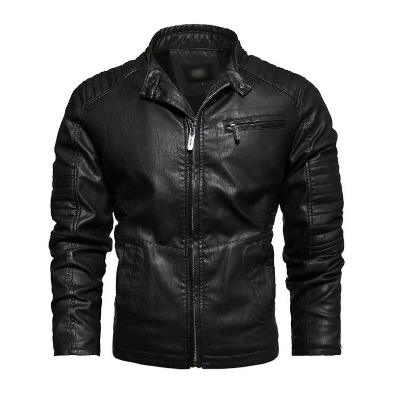 Men's Vintage Stand Collar Splicing Plush Zipper Slim Fit Motorcycle Leather Jacket 82254708M sold by Manly product image thumbnail 2