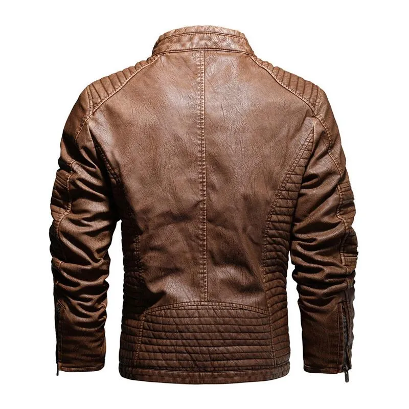 Men's Vintage Stand Collar Splicing Plush Zipper Slim Fit Motorcycle Leather Jacket 82254708M sold by Manly product image thumbnail 5