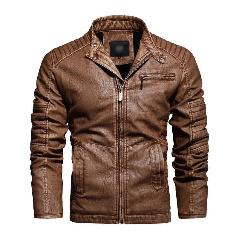 Men's Vintage Stand Collar Splicing Plush Zipper Slim Fit Motorcycle Leather Jacket 82254708M sold by Manly product image thumbnail 3