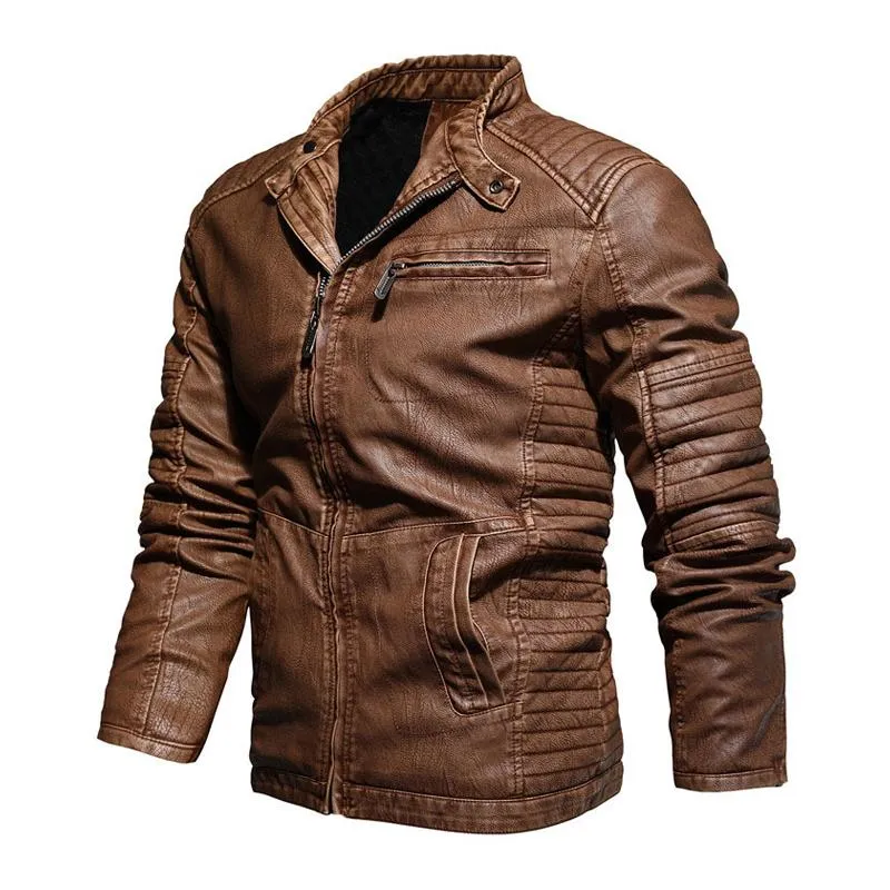 Men's Vintage Stand Collar Splicing Plush Zipper Slim Fit Motorcycle Leather Jacket 82254708M sold by Manly product image thumbnail 4