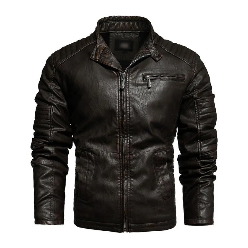 Men's Vintage Stand Collar Splicing Plush Zipper Slim Fit Motorcycle Leather Jacket 82254708M sold by Manly