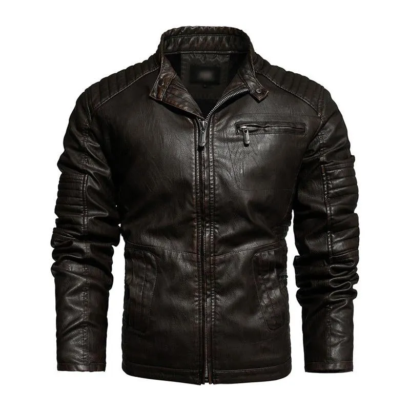Men's Vintage Stand Collar Splicing Plush Zipper Slim Fit Motorcycle Leather Jacket 82254708M sold by Manly