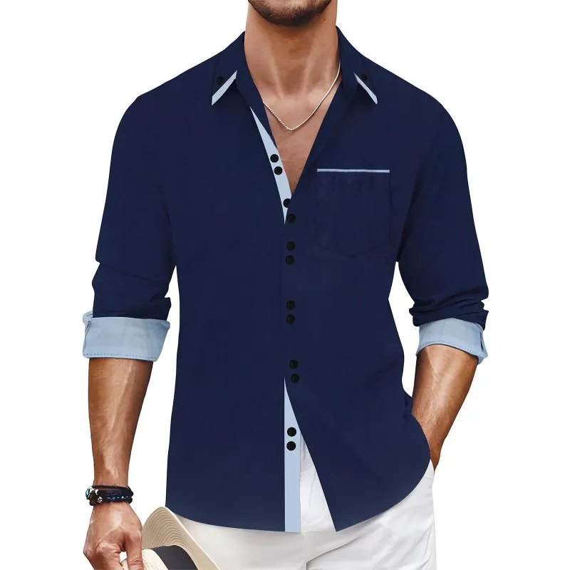 Men's Color Block Lapel Chest Pocket Long Sleeve Shirt 56686158Z sold by Manly product image thumbnail 4