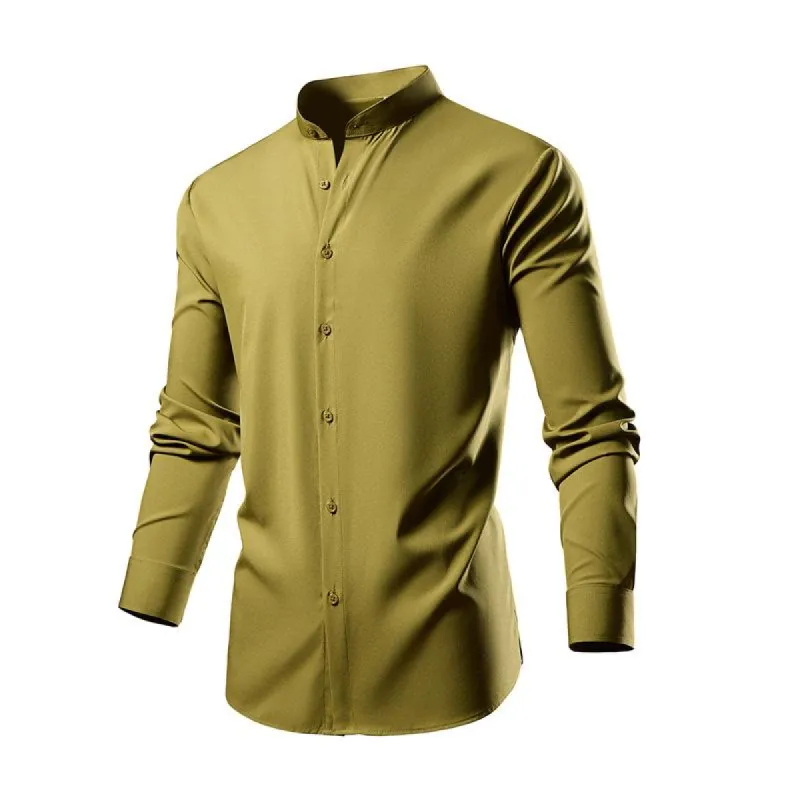 Men's Casual Solid Color Stand Collar Elastic Long Sleeve Shirt 85490907X sold by Manly
