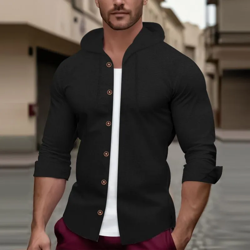 Men's Solid Color Cotton And Linen Hooded Long Sleeve Shirt 78335648Z sold by Manly product image thumbnail 4