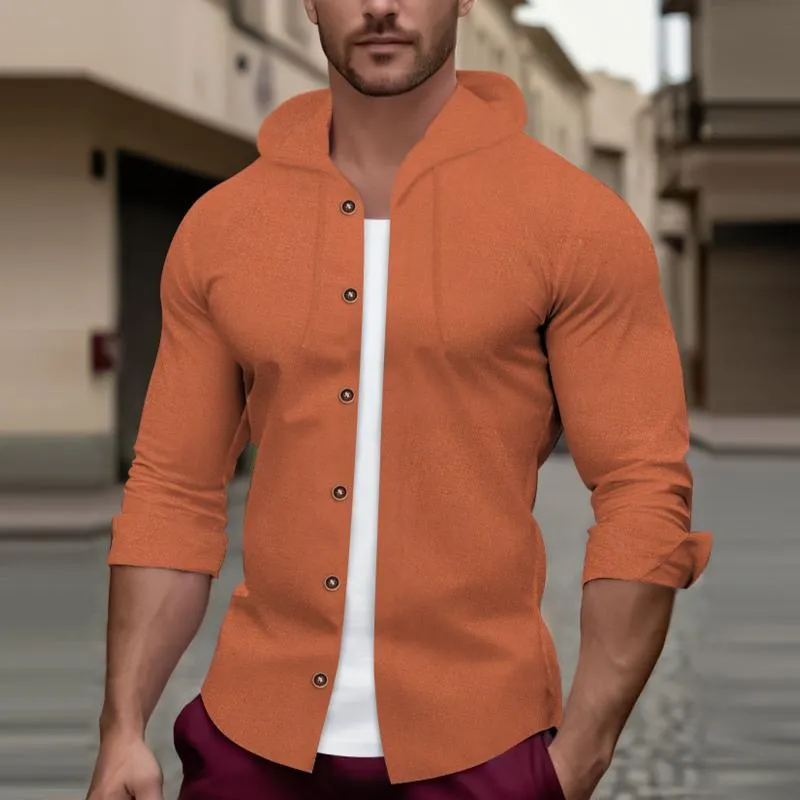Men's Solid Color Cotton And Linen Hooded Long Sleeve Shirt 78335648Z sold by Manly product image thumbnail 3