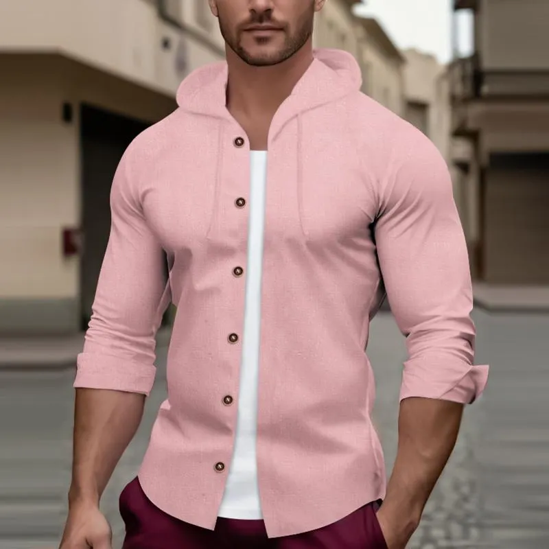 Men's Solid Color Cotton And Linen Hooded Long Sleeve Shirt 78335648Z sold by Manly product image thumbnail 5