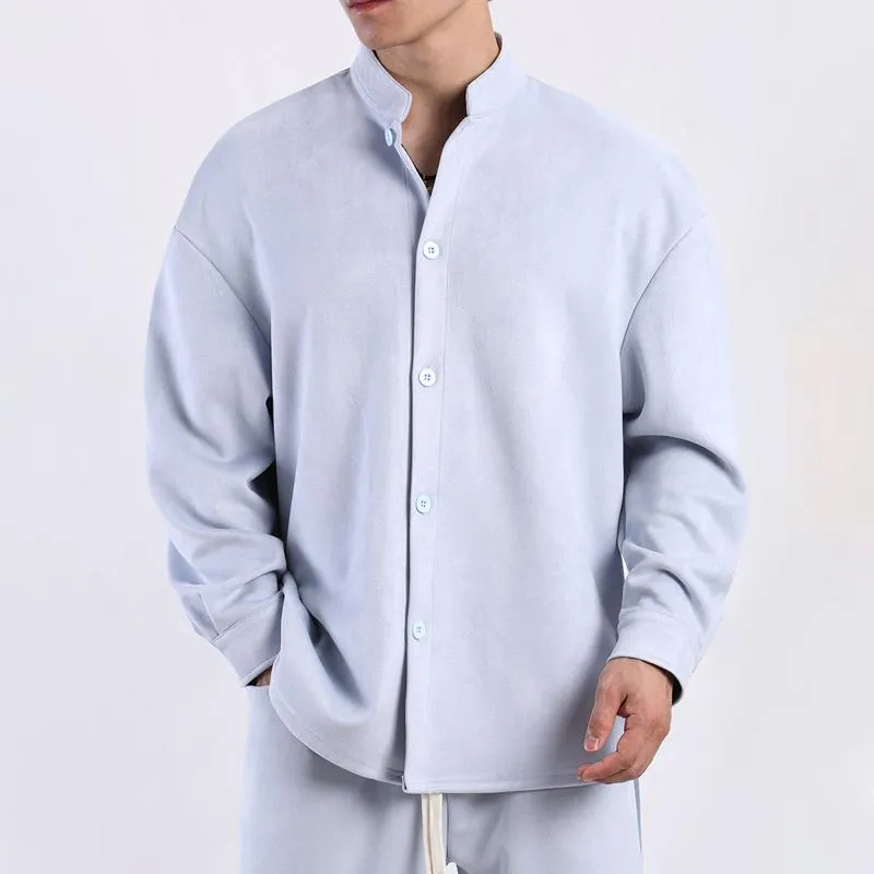Men's Solid Color Suede Stand Collar Long Sleeve Shirt 39856903Z sold by Manly product image thumbnail 5