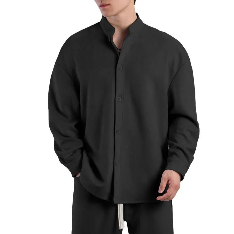 Men's Solid Color Suede Stand Collar Long Sleeve Shirt 39856903Z sold by Manly