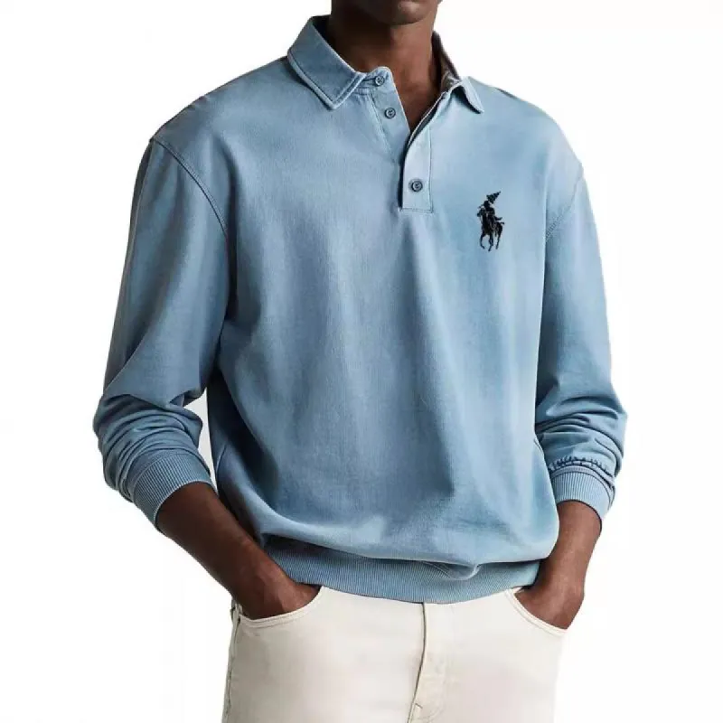 Men's Solid Color Loose Lapel Long Sleeve Polo Shirt 47320003Z sold by Manly