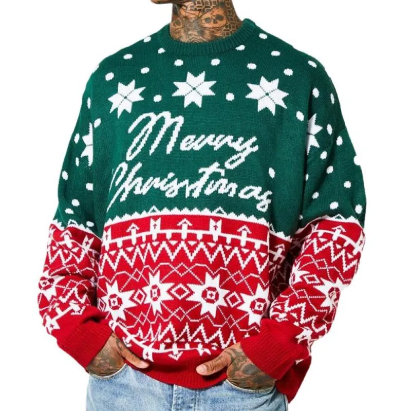 Men's Casual Christmas Contrast Jacquard Crew Neck Knit Sweater 85183515M sold by Manly