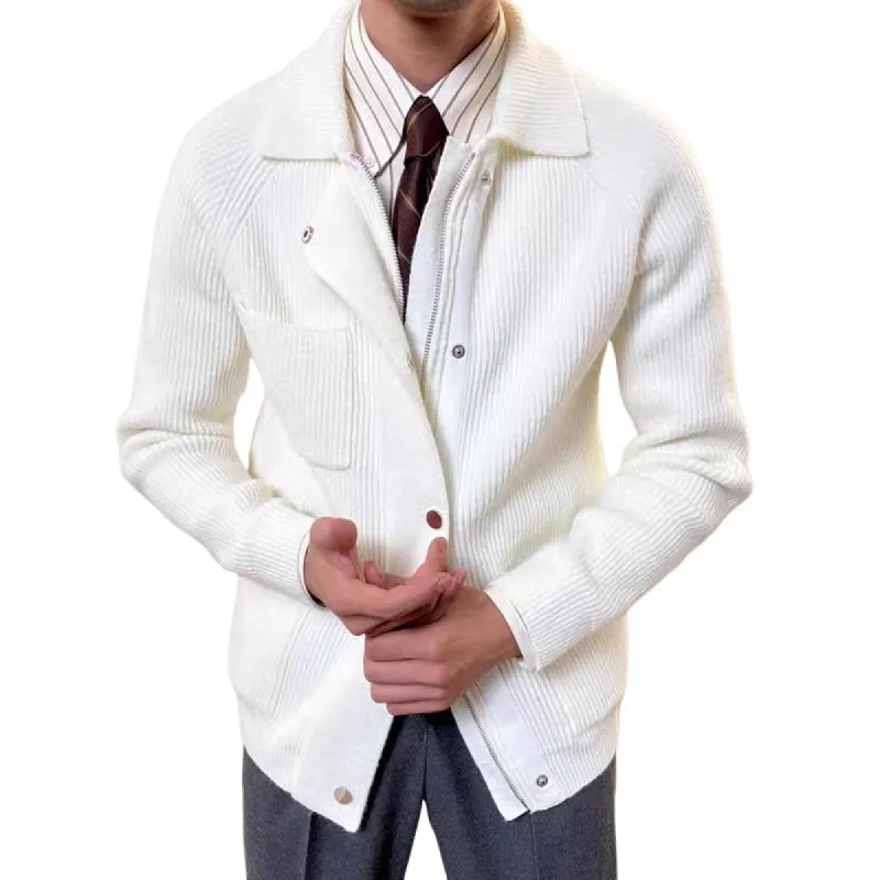 Men's Solid Color Laple Multi-pocket Zipper Single Breasted Knit Cardigan 08880688Z sold by Manly