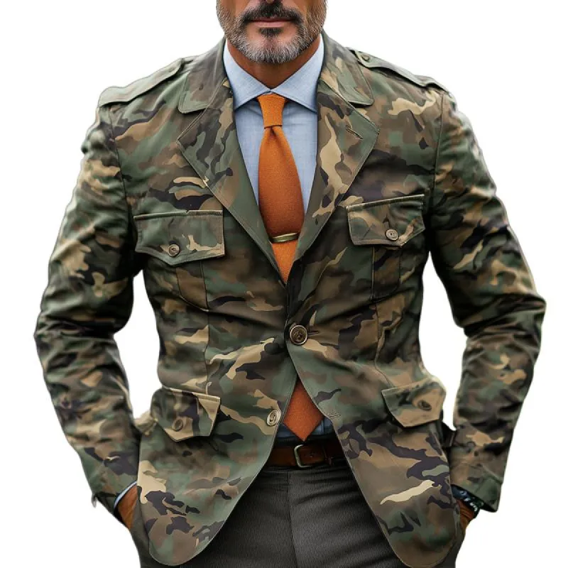 Men's Camouflage Epaulettes Lapel Multi-pocket Single Breasted Cargo Jacket 74812306Z sold by Manly