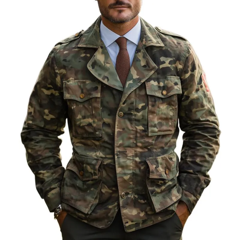 Men's Camouflage Epaulettes Lapel Multi-pocket Single Breasted Cargo Jacket 92064857Z sold by Manly