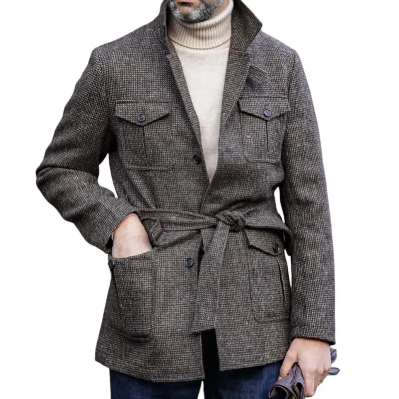 Men's Vintage Plaid Lapel Multi-pocket Single Breasted Belt Casual Jacket 87967564Z sold by Manly