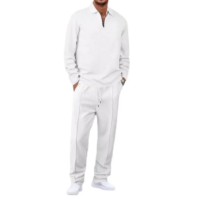 Men's Solid Waffle Lapel Long Sleeve Polo Shirt Trousers Casual Set 89063476Z sold by Manly