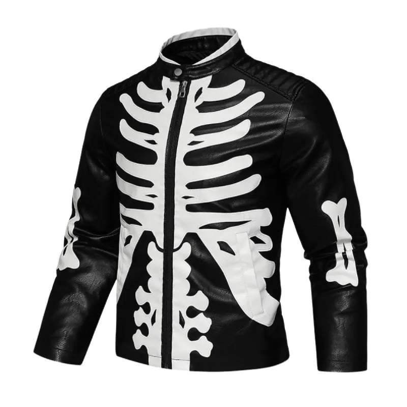 Men's Stylish Contrast Color Skull Embroidered Stand Collar Motorcycle Leather Jacket 86202456M sold by Manly