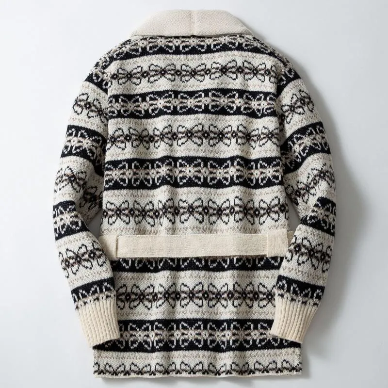 Men's Vintage Jacquard Thick Lapel Single-Breasted Belt Mid-Length Knitted Cardigan 43298587M sold by Manly product image thumbnail 3