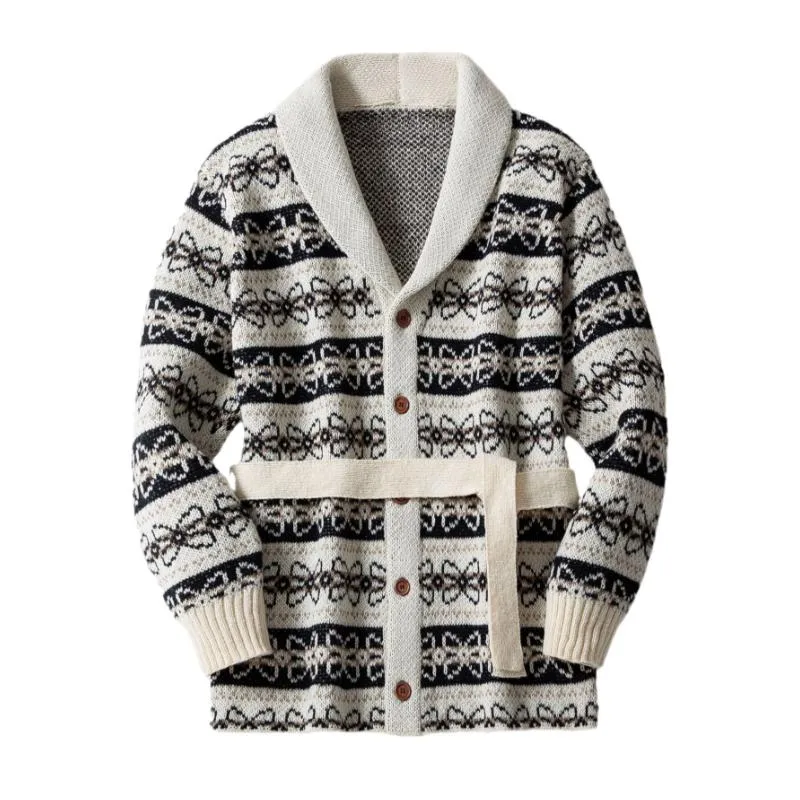 Men's Vintage Jacquard Thick Lapel Single-Breasted Belt Mid-Length Knitted Cardigan 43298587M sold by Manly