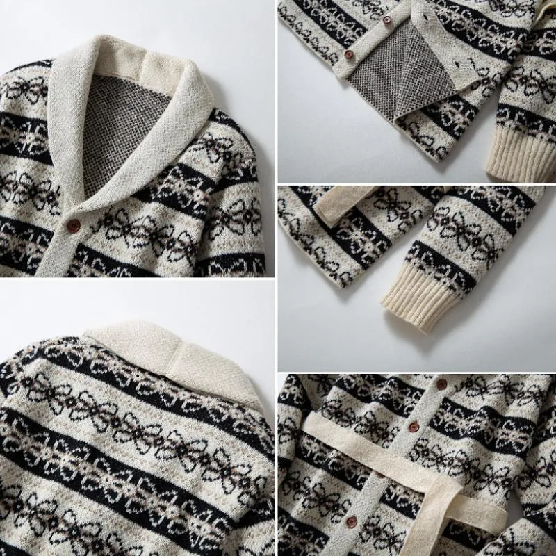 Men's Vintage Jacquard Thick Lapel Single-Breasted Belt Mid-Length Knitted Cardigan 43298587M sold by Manly product image thumbnail 4