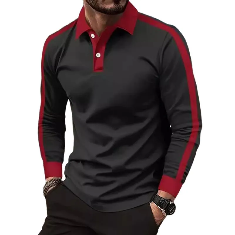 Men's Contrast Color Lapel Long Sleeve Polo Shirt 16654899X sold by Manly