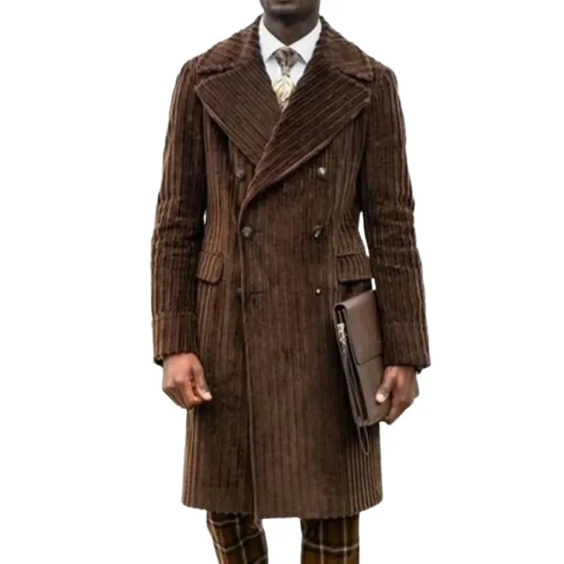 Men's Solid Color Corduroy Lapel Double Breasted Long Coat 89102762Z sold by Manly