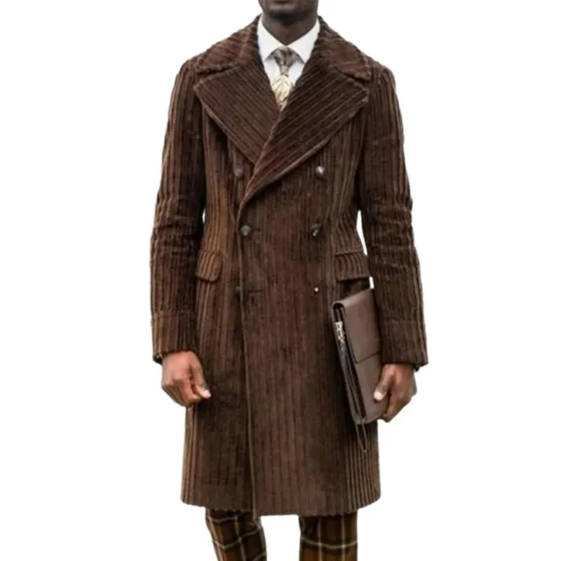 Men's Solid Color Corduroy Lapel Double Breasted Long Coat 89102762Z sold by Manly