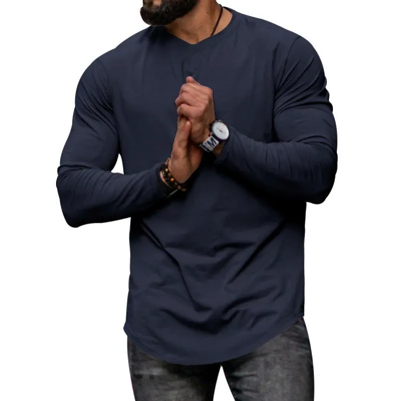 Men's Solid Color Round Neck Long Sleeve Irregular Hem Casual T-shirt 41110573Z sold by Manly