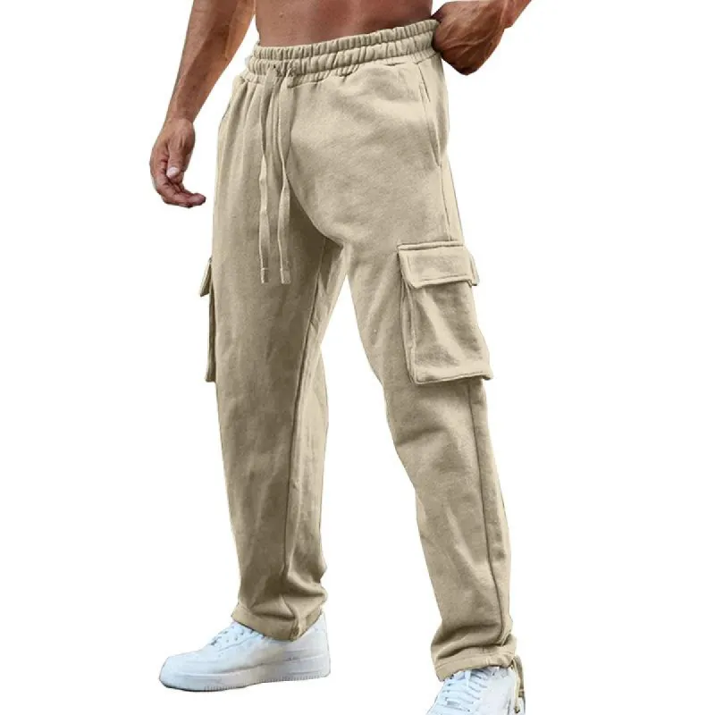 Men's Solid Color Multi-pocket Drawstring Elastic Waist Straight Cargo Pants 62521276Z sold by Manly