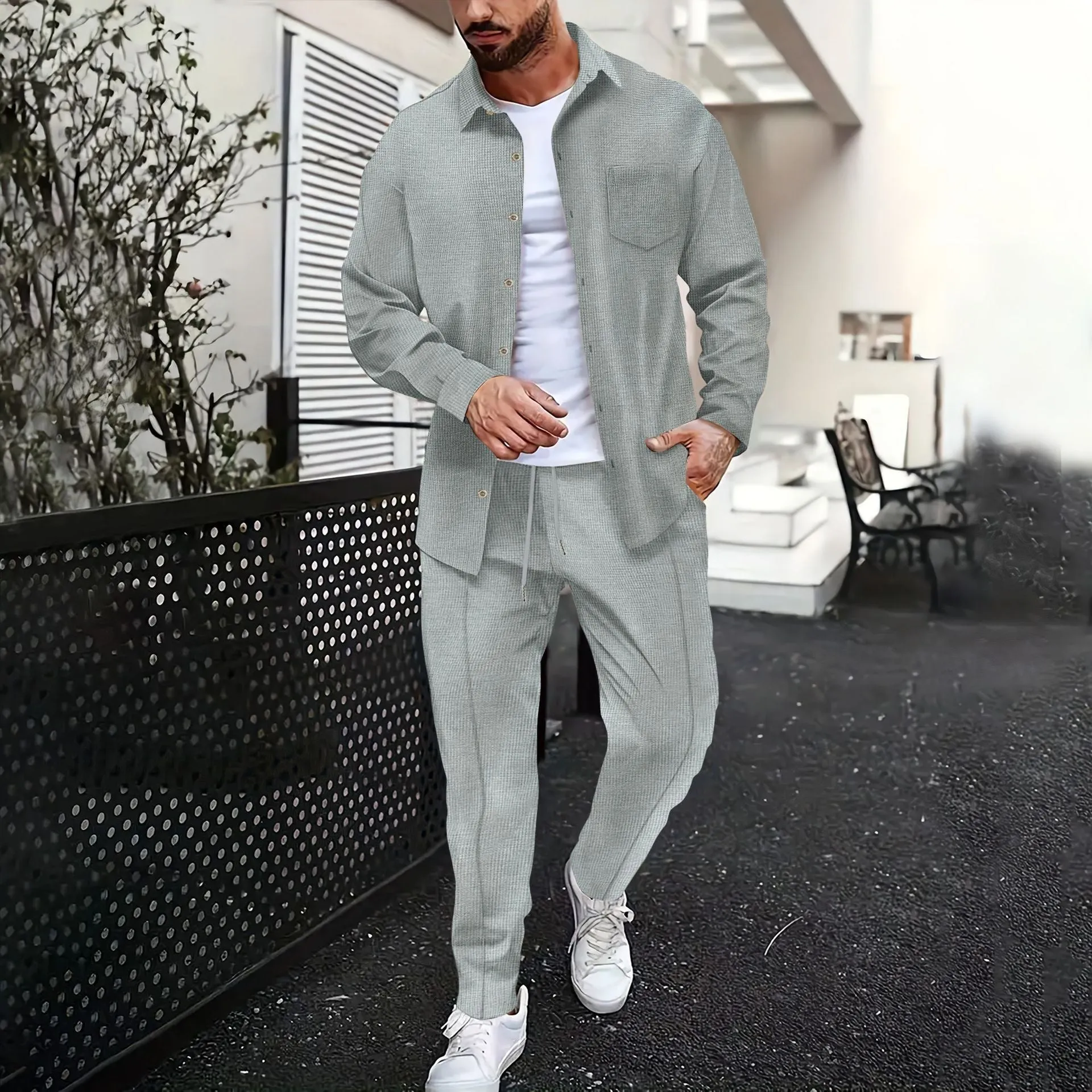 Men's Solid Color Waffle Lapel Long Sleeve Shirt Trousers Casual Set 37952380Z sold by Manly product image thumbnail 4