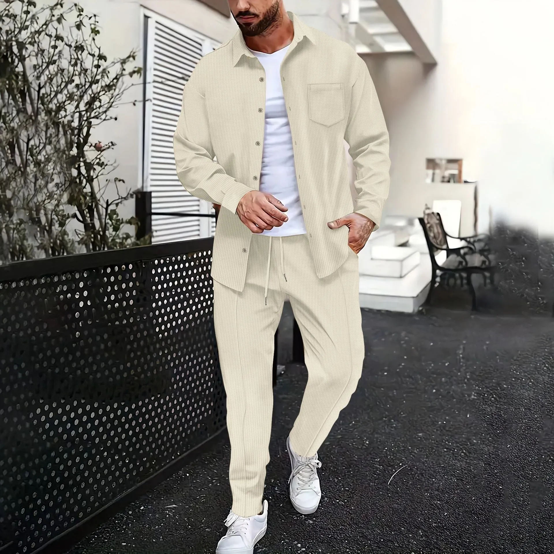 Men's Solid Color Waffle Lapel Long Sleeve Shirt Trousers Casual Set 37952380Z sold by Manly product image thumbnail 3