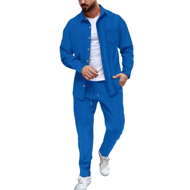 Men's Solid Color Waffle Lapel Long Sleeve Shirt Trousers Casual Set 37952380Z sold by Manly