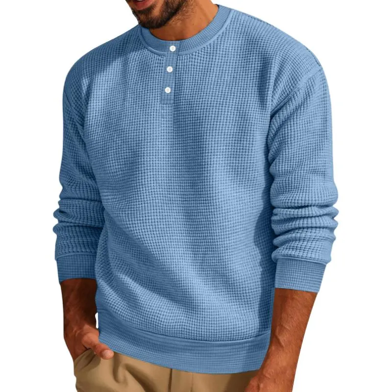 Men's Casual Henley Collar Waffle Loose Long Sleeve Sweatshirt 92293796M sold by Manly