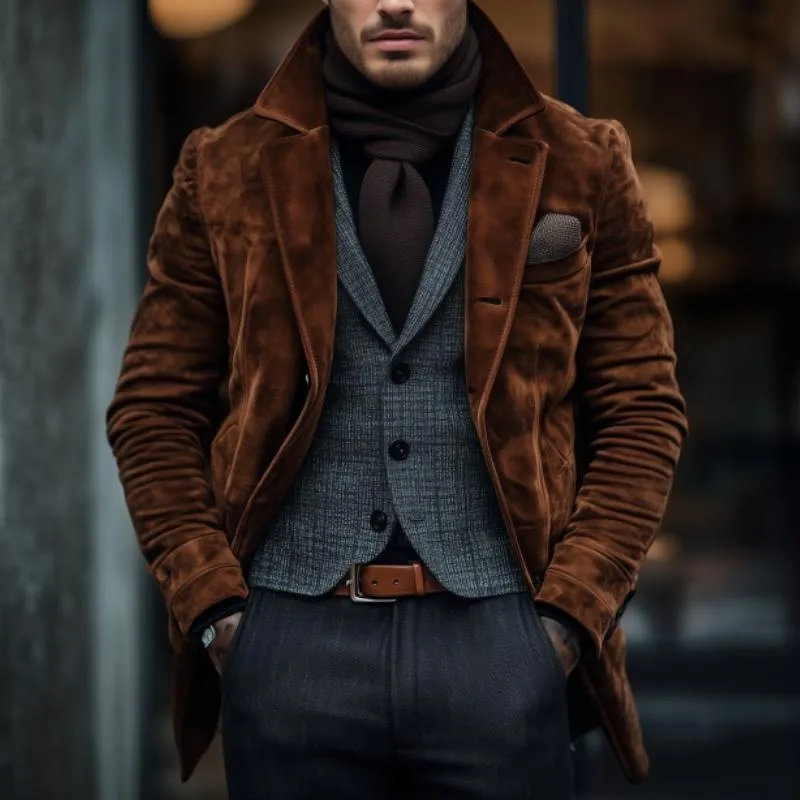 Men's Vintage Suede Notch Lapel Single Breasted Slim Fit Blazer 39053995M sold by Manly product image thumbnail 2