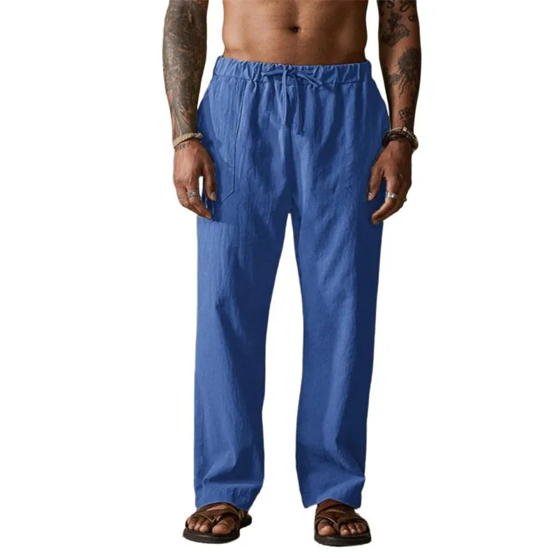 Men's Solid Color Cotton And Linen Loose Straight Casual Pants 09636634Z sold by Manly