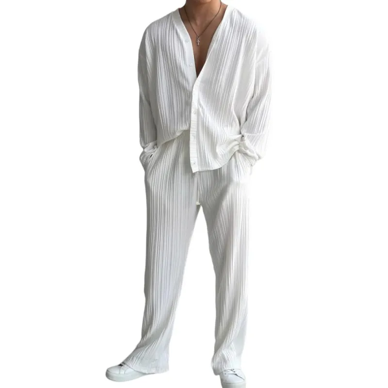 Men's Solid Color Striped V Neck Long Sleeve Shirt Trousers Set 42956045Z sold by Manly