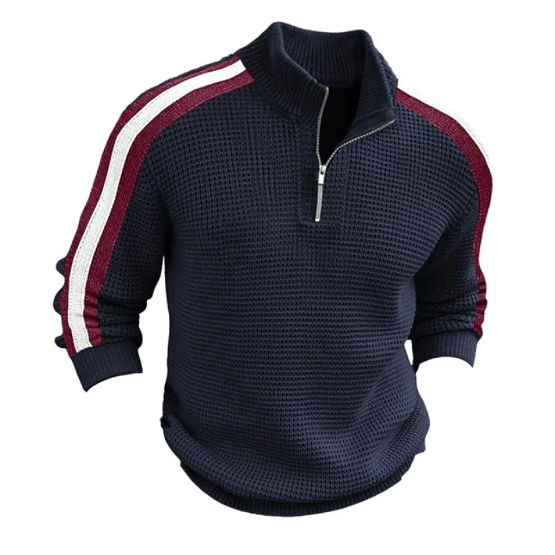 Men's Casual Colorblock Zipper Stand Collar Long Sleeve Sweater 05778117Y sold by Manly