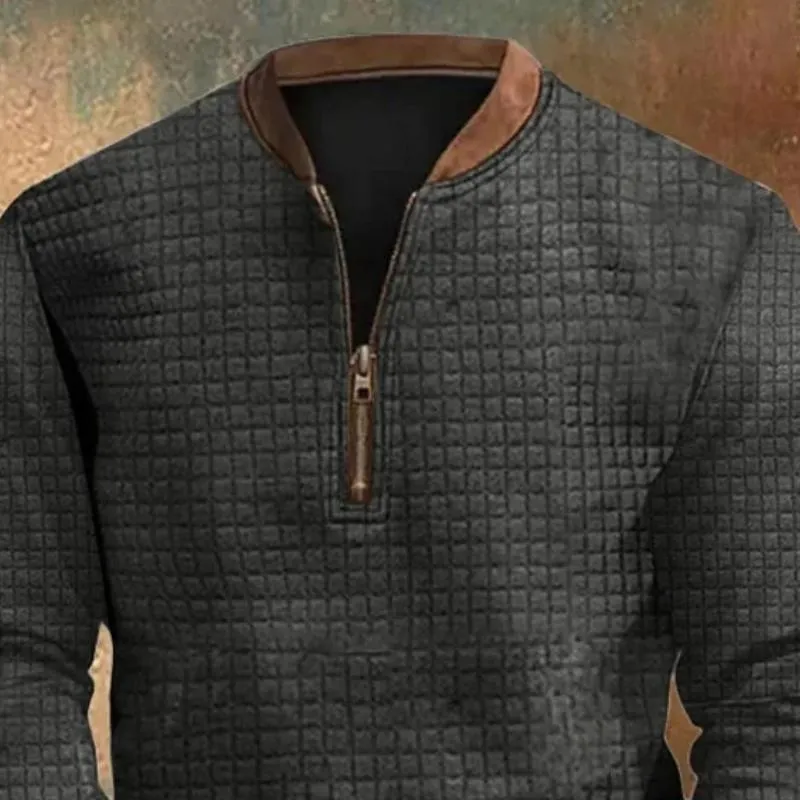 Men's Casual Waffle Colorblock Zipper Crew Neck Long Sleeve Sweatshirt 95807709Y sold by Manly product image thumbnail 2