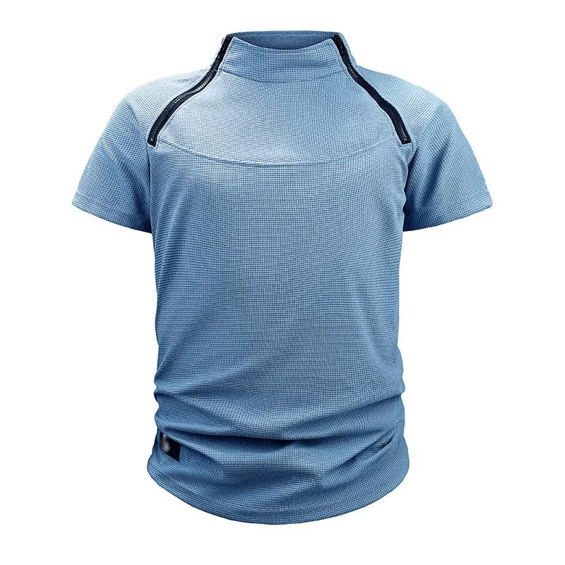 Men's Waffle Outdoor Tactical Loose Stand Collar Short-sleeved T-shirt 22280011X sold by Manly