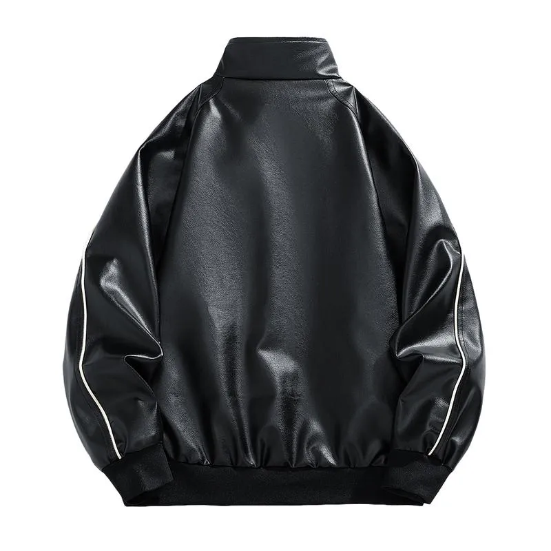 Men's Casual Stand Collar Contrast Color Loose Leather Jacket 38849005M sold by Manly product image thumbnail 4