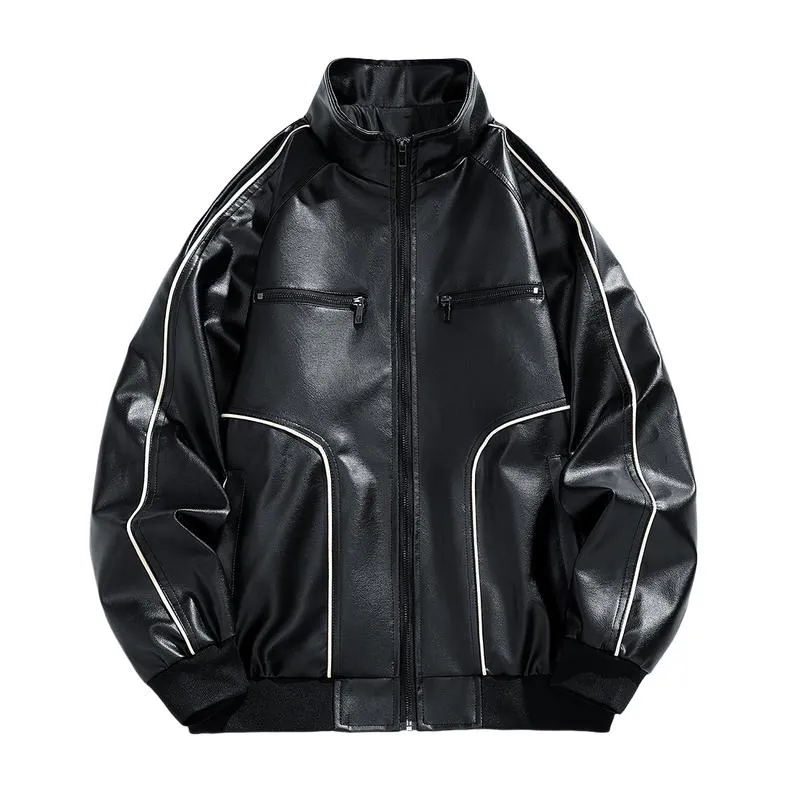 Men's Casual Stand Collar Contrast Color Loose Leather Jacket 38849005M sold by Manly product image thumbnail 3