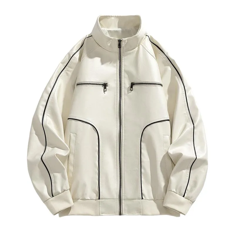 Men's Casual Stand Collar Contrast Color Loose Leather Jacket 38849005M sold by Manly