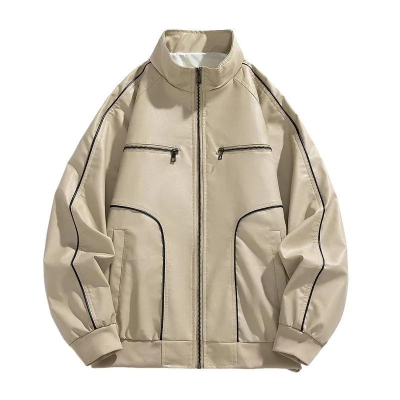 Men's Casual Stand Collar Contrast Color Loose Leather Jacket 38849005M sold by Manly product image thumbnail 2