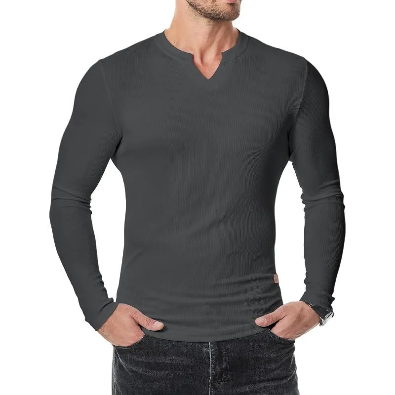 Men's Casual Solid Color Striped V-Neck Slim Fit Long Sleeve T-Shirt 49305594M sold by Manly product image thumbnail 4