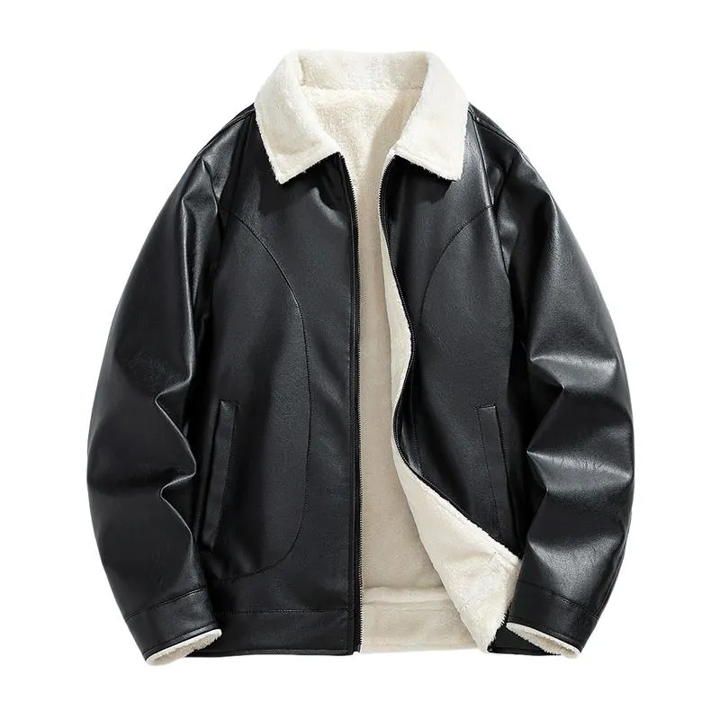 Men's Vintage Lapel Zipper Fleece Warm Leather Jacket 75843183M sold by Manly