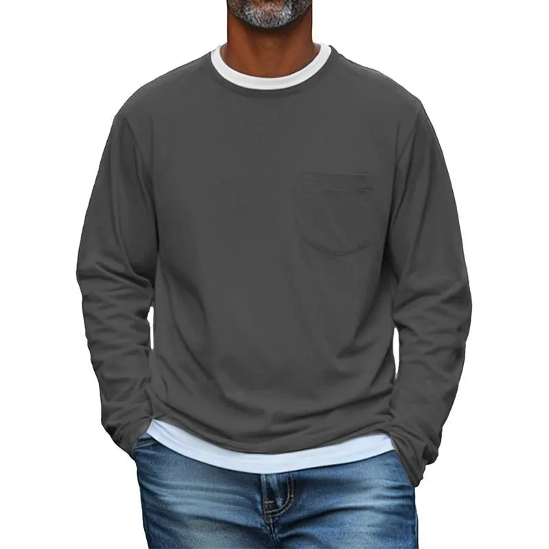 Men's Solid Color Chest Pocket Round Neck Long Sleeve T-Shirt 12455415Y sold by Manly